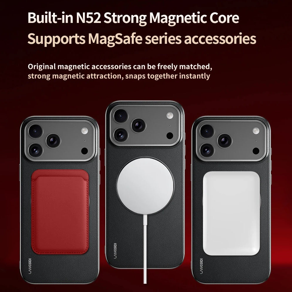 Luxury iPhone Case — Magnetic Cowhide Leather Cover with 360° Rotating Ring Holder, Full Lens Protection and Shockproof PC+TPU Design