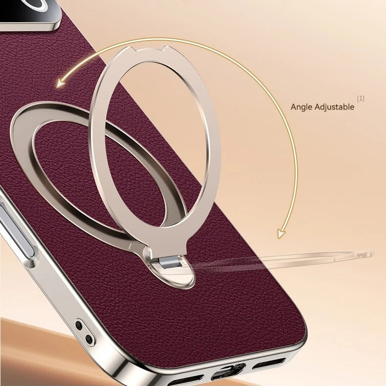 Luxury iPhone Case — PU Leather Cover with Rotating Metal Bracket Stand, Shockproof Back Protection and Premium Non-Slip Design
