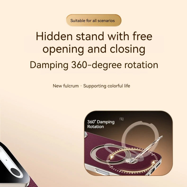 Luxury iPhone Case — PU Leather Cover with Rotating Metal Bracket Stand, Shockproof Back Protection and Premium Non-Slip Design