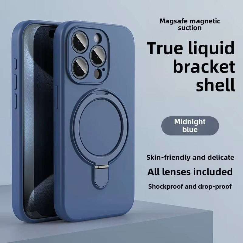 Luxury iPhone Liquid Silicone MagSafe Case — Magnetic Ring Holder Stand Cover, Shockproof Anti-Fingerprint Design, Wireless Charging Compatible Non-Slip Protection