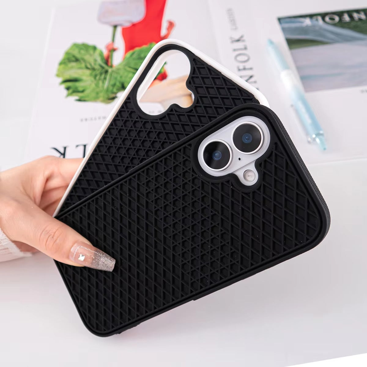 Ultra-Slim iPhone Case Shockproof Non-Slip Grip Protection — Soft Silicone Waffle Sole Texture Cover with Lanyard Wristband, Anti-Scratch Dustproof Design