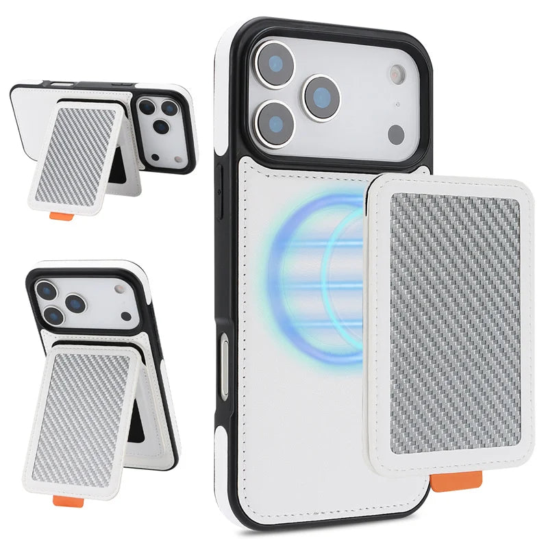 Luxury MagSafe iPhone Case Magnetic Shockproof RFID-Blocking Wallet with Card Holder, Carbon Fiber Texture, Rotating Bracket, Wireless Charging Compatible