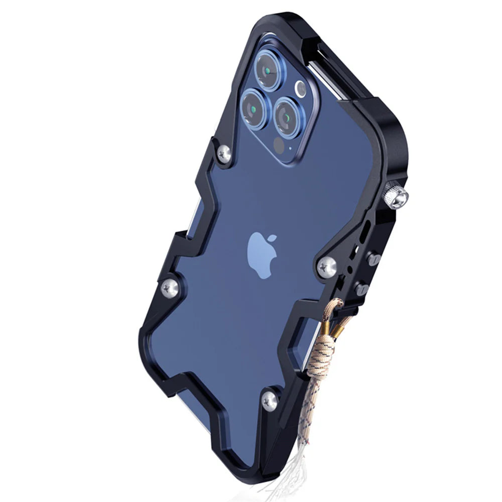 Rugged iPhone Case Aluminum Alloy Bumper Frame — Lightweight Metal Armor Cover, Shockproof Protective Shell with Smooth Edges and Included Lanyard