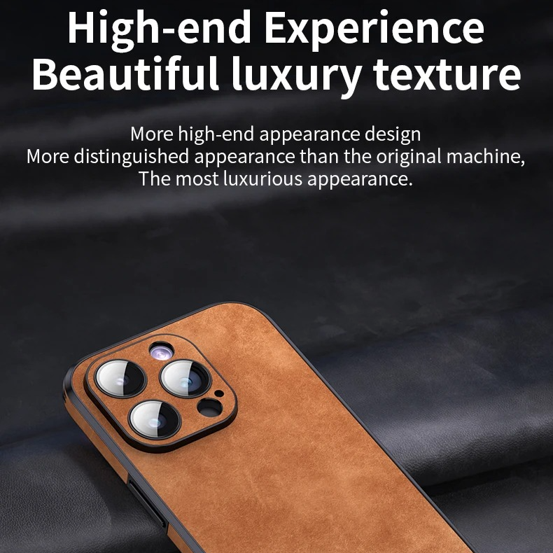 Luxury iPhone Leather Bumper Case with Lens Protection — Shockproof Full Coverage Design, Magnetic Wireless Charging Compatible, Anti-Fingerprint Scratch-Resistant Finish