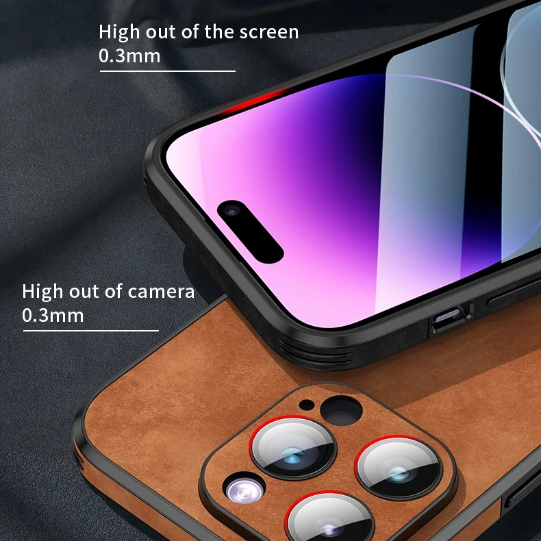 Luxury iPhone Leather Bumper Case with Lens Protection — Shockproof Full Coverage Design, Magnetic Wireless Charging Compatible, Anti-Fingerprint Scratch-Resistant Finish