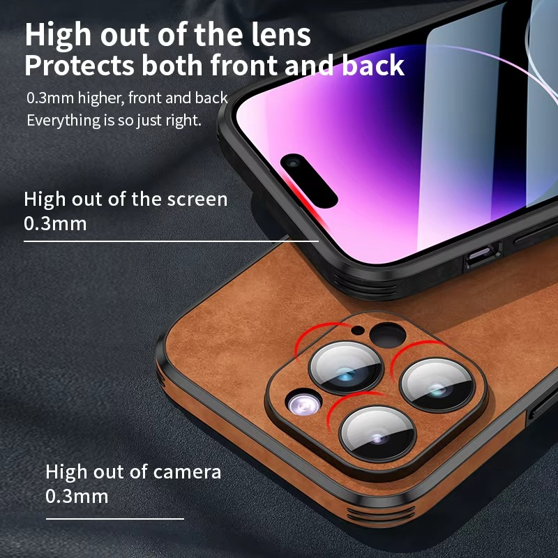 Luxury iPhone Leather Bumper Case with Lens Protection — Shockproof Full Coverage Design, Magnetic Wireless Charging Compatible, Anti-Fingerprint Scratch-Resistant Finish
