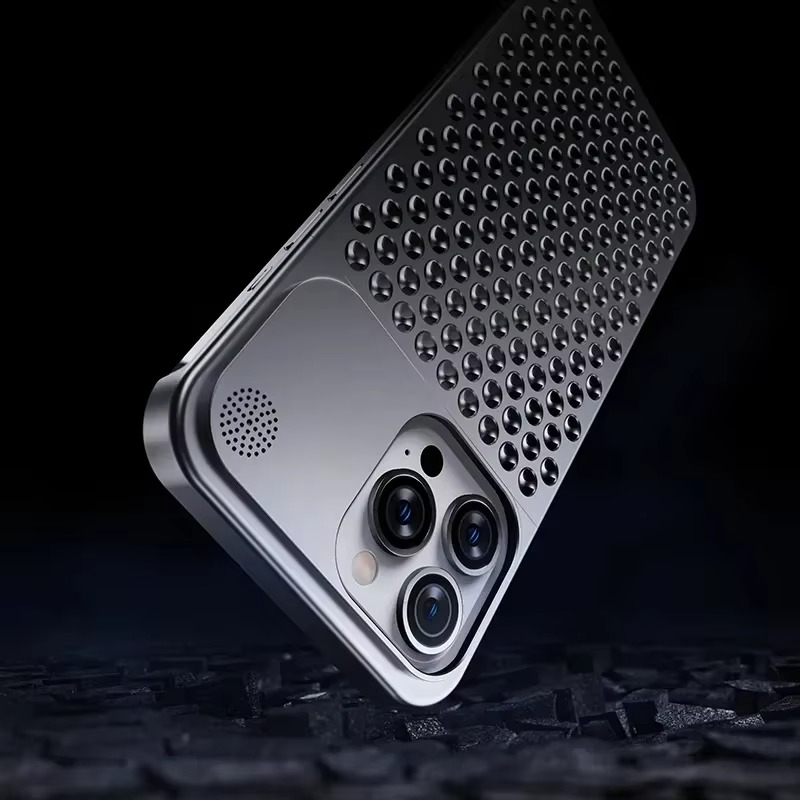 Premium iPhone Metal Heat Dissipation Case — Hollow Aluminum Alloy Shockproof Cover, Rimless Cooling Design with Fragrance Feature, Anti-Fingerprint Scratch-Resistant