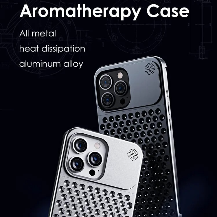Premium iPhone Metal Heat Dissipation Case — Hollow Aluminum Alloy Shockproof Cover, Rimless Cooling Design with Fragrance Feature, Anti-Fingerprint Scratch-Resistant
